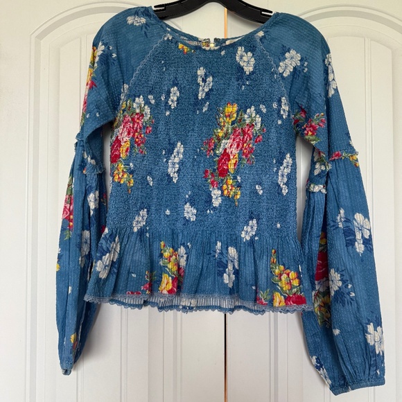 Loveshackfancy blouse poplin blue floral size small puff sleeves fall - Picture 1 of 8
